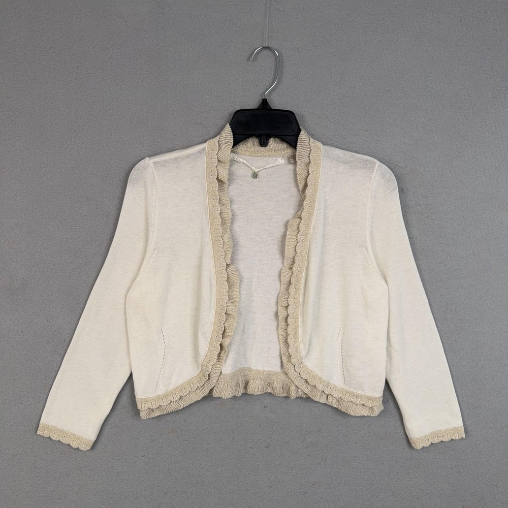 Knitted & Knotted Cardigan Womens Small White Ruffle Trim Open Front Sweater
